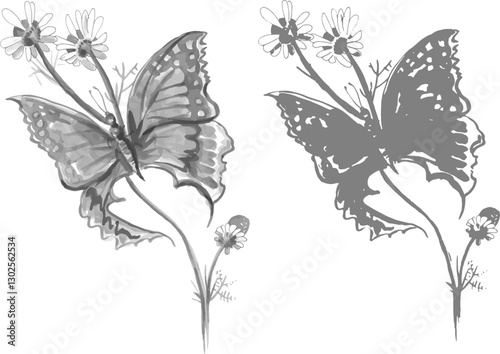Butterfly and Camomile Watercolor Blossom. Artistic Wildflowers bloom. 