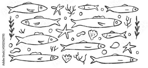 Fishes line doodle set. Sardines hand drawn scribble School of fish in the sea. Vector monochrome nautical illustration by pencil isolated on white background. Crayon or chalk naive underwater life.