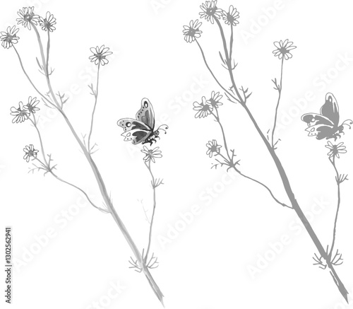 Butterfly and Camomile Watercolor Blossom. Artistic Wildflowers bloom. 