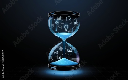 Digital Time's Passage: An hourglass, filled with flowing blue digital elements, symbolizes the ephemeral nature of time, the importance of productivity, and the relentless march of the modern world.
