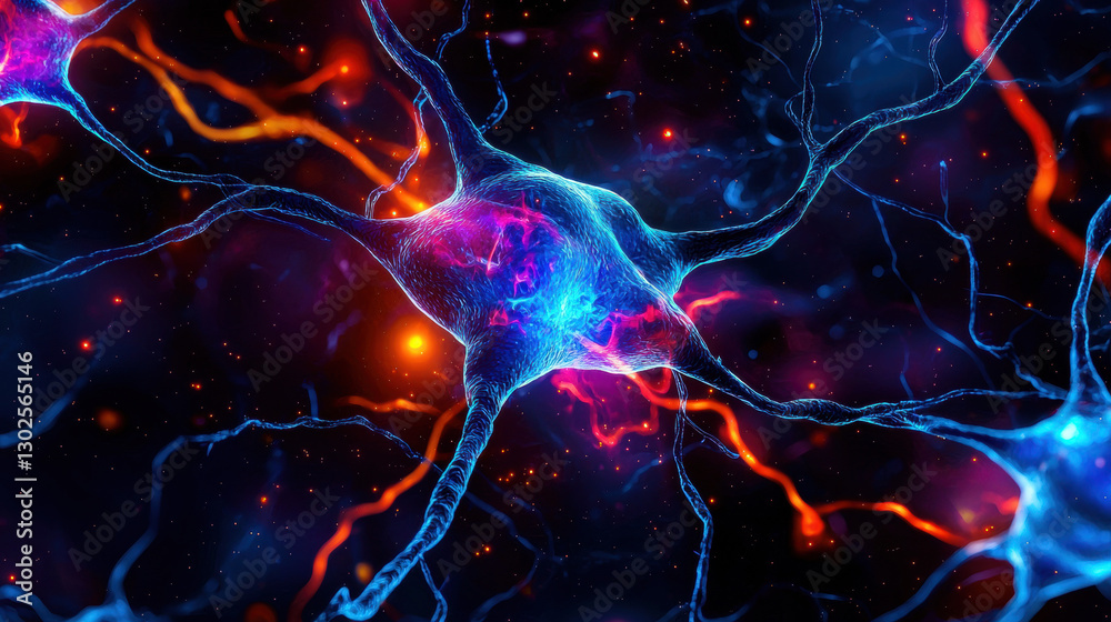 Fototapeta premium Universal energy, Inner energy connection. Vibrant abstract representation of neural connections and synapses in a colorful digital style.