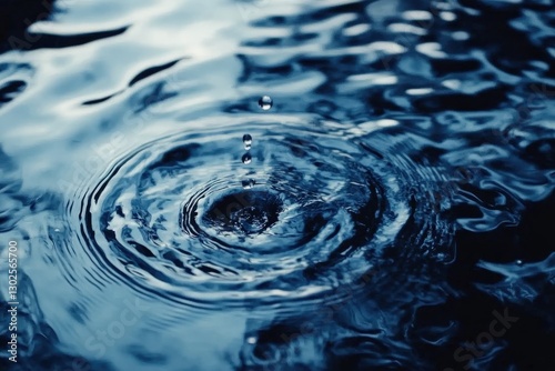 Droplet Creating Ripple in Dark Water Surface with Bubbles and Reflection Effects