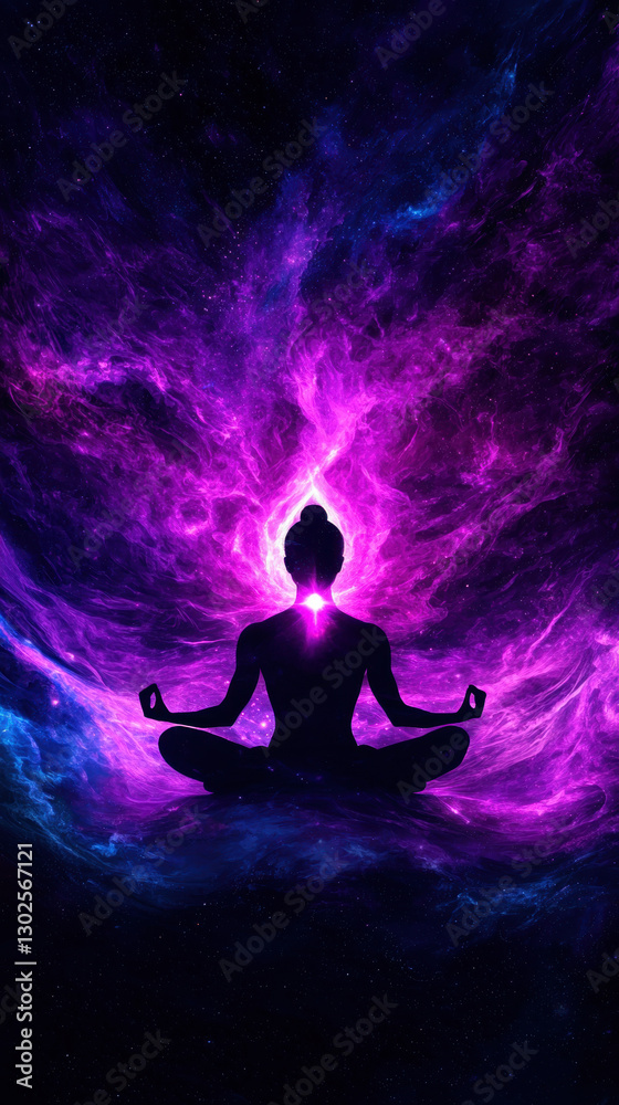 Fototapeta premium Universal energy, Inner energy connection. Meditative figure surrounded by vibrant cosmic colors and light.