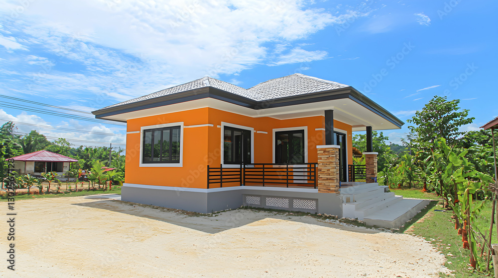 Bright Orange Single Story House with Grey Accents Under Blue Sky Bright Orange Single Story House with Grey Accents Under Blue Sky