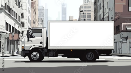 White delivery truck on city street, blank side panel for advertisement.