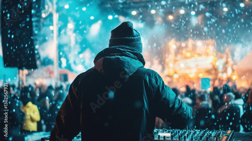 A DJ at a winter festival with snow falling