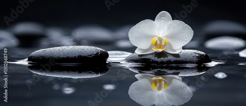 Tranquil white orchid blooming on serene black stones spa setting nature photography calming atmosphere close-up view
