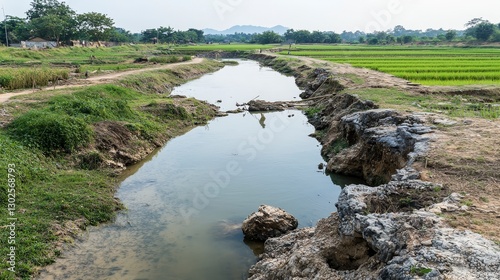 Ancient irrigation system in lopburi workers managing water flow agricultural landscape rural setting historical insight