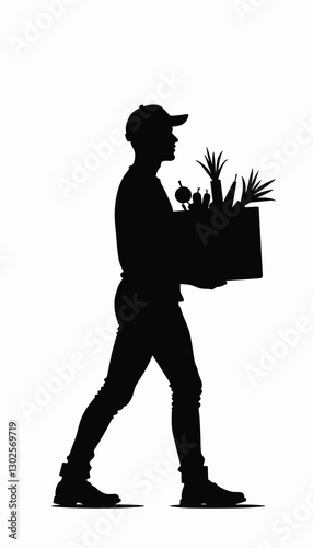 Person carrying a box of plants in a minimalistic style