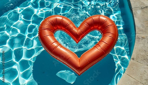 Vibrant Heart Shaped Pool Float Relaxing in Clear Blue Water Under the Sun