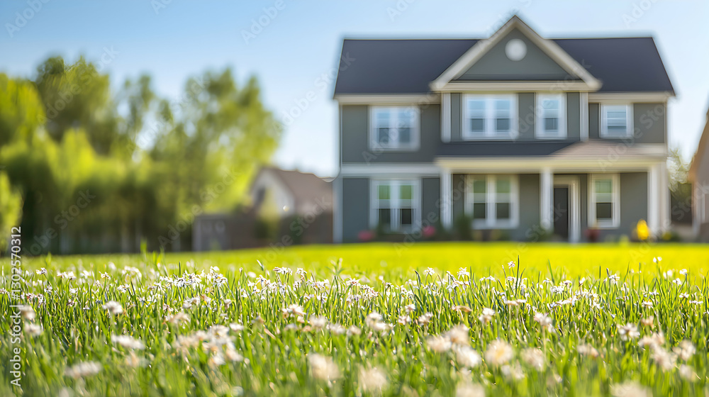 Suburban House with White Flowers and Green Lawn Suburban House with White Flowers and Green Lawn