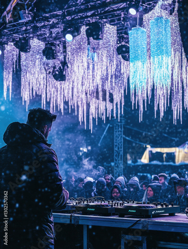 A DJ at a winter festival with snow falling