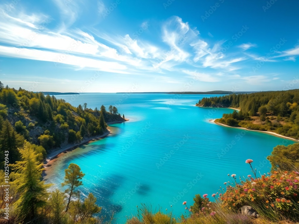 Fototapeta premium lake and forest. sea, water, beach, landscape, coast, sky, island, nature, ocean, travel, summer, view, lake, tropical, bay, coastline, blue, rocks, shore, clouds, vacation, green, cloud, seascape, to