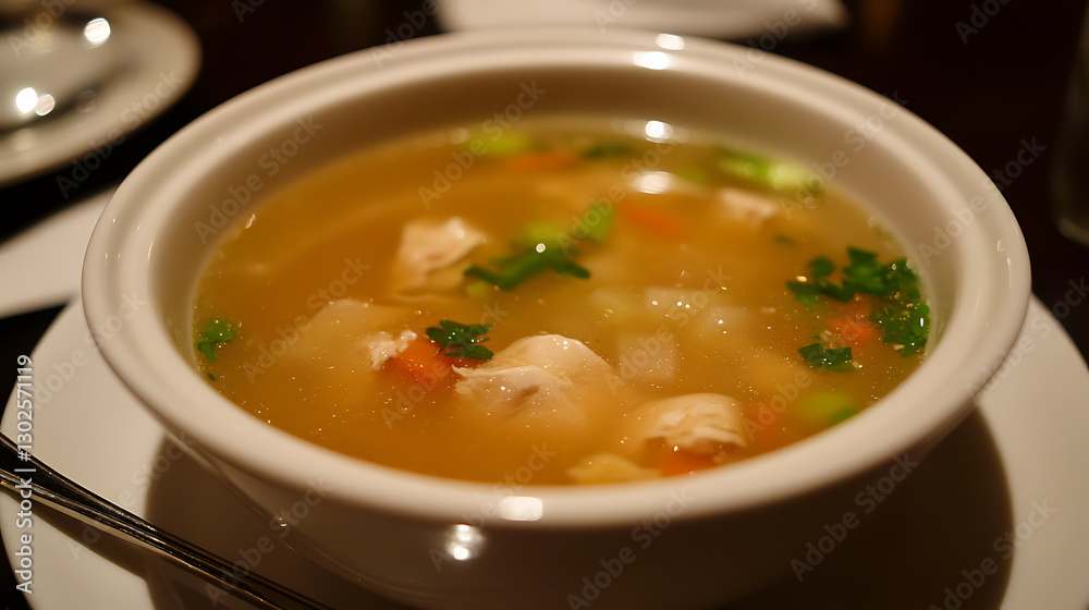 A bowl of light chicken and vegetable broth soup, served hot (3) A bowl of light chicken and vegetable broth soup, served hot (3)