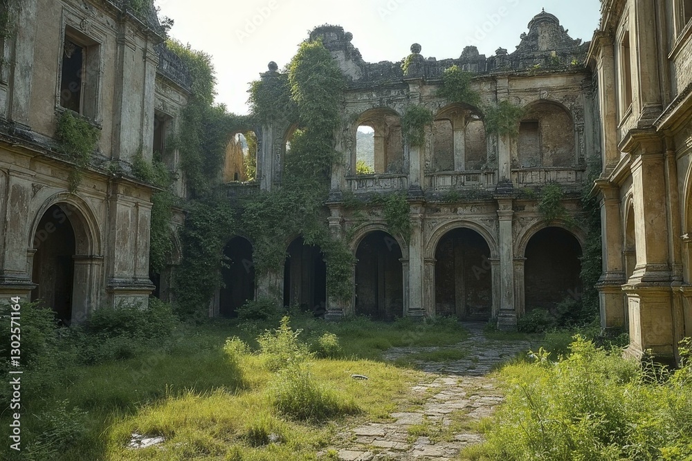 Naklejka premium Abandoned Overgrown Building with Classical Architecture