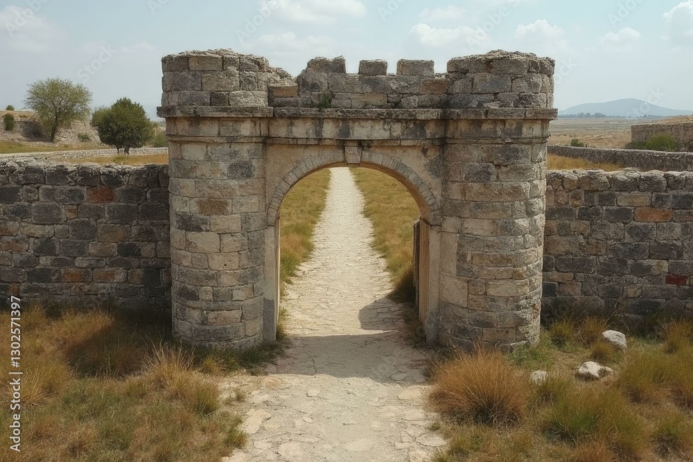 Ancient Stone Archway with Cylindrical Towers and Arid Landscape Ancient Stone Archway with Cylindrical Towers and Arid Landscape