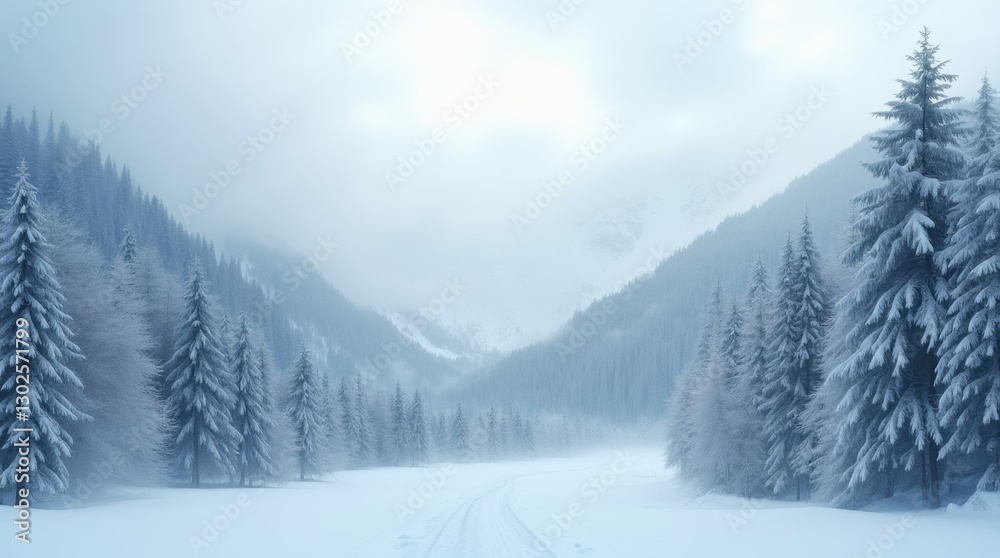 Serene Misty Mountain Landscape with Icy Trees Serene Misty Mountain Landscape with Icy Trees