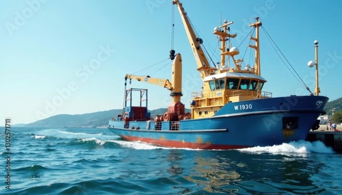Ship's crane lowering fishing gear into water, vessel, haul