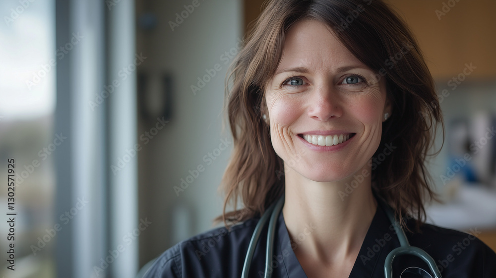 Fototapeta premium Smiling veterinarian with stethoscope embodies compassion and care in animal health.