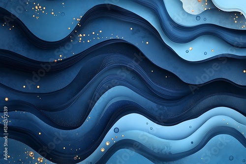 Blue wave paper cut abstraction with gold flakes