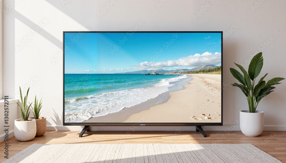 Fototapeta premium Beach landscape displayed on modern television in cozy room