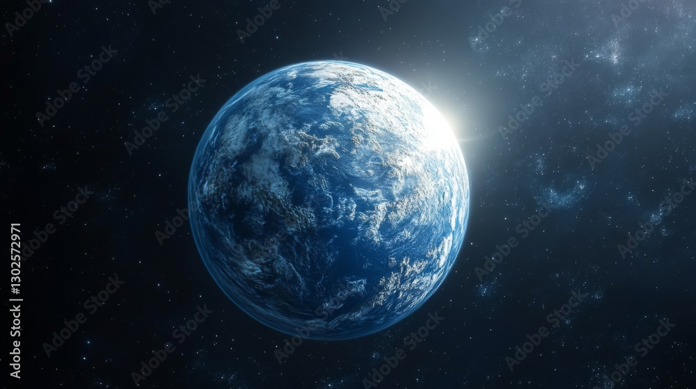 Obraz premium Blue planet earth view from space with sun light and stars. Galaxy background. Outer space scenery. Globe in cosmic scene.