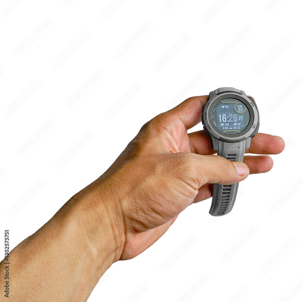 Hand Holding a Smartwatch with a Digital Display Showing Clock and Health Metrics Hand Holding a Smartwatch with a Digital Display Showing Clock and Health Metrics