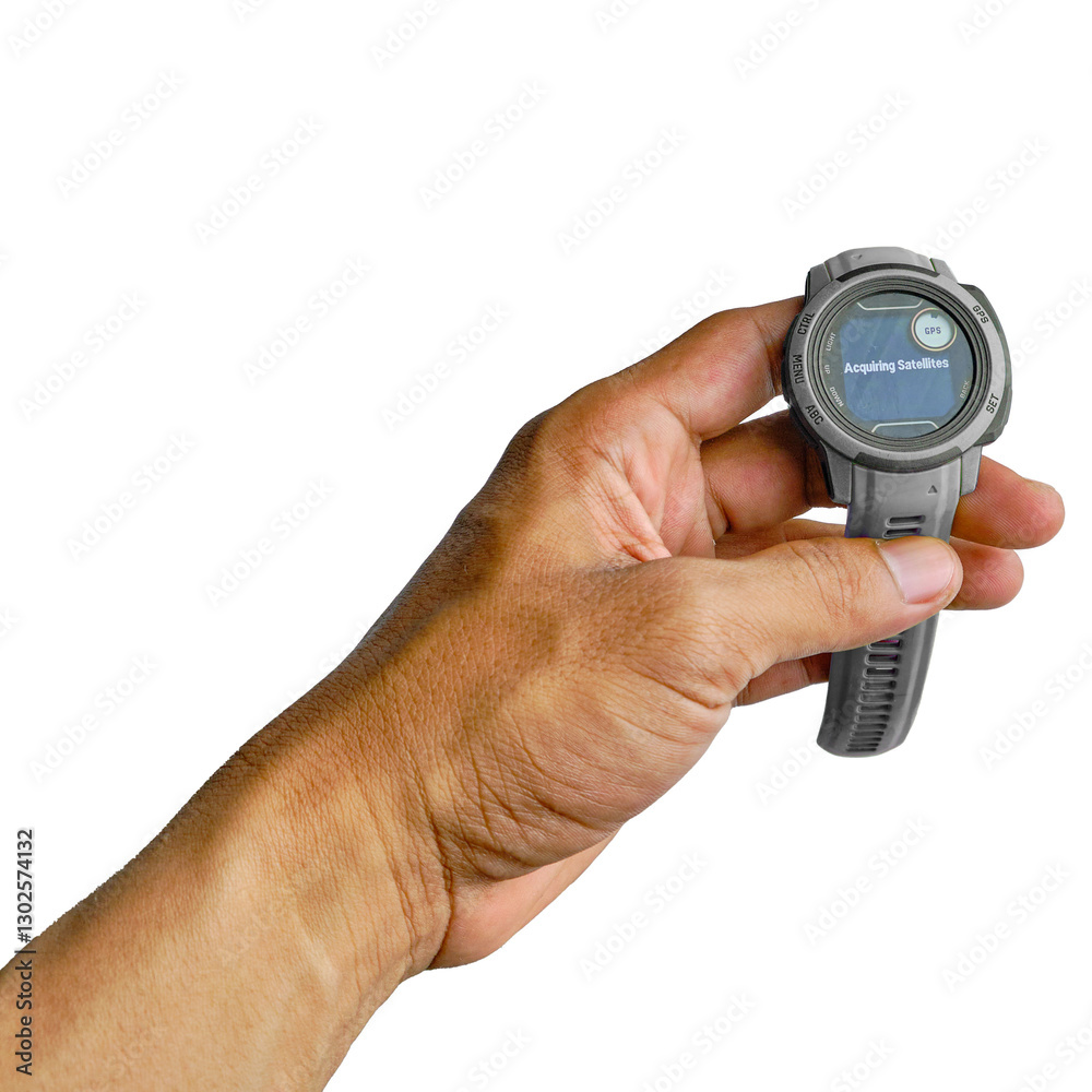Close-Up of Hand-Holding GPS Smartwatch with Satellite Acquisition Display Close-Up of Hand-Holding GPS Smartwatch with Satellite Acquisition Display
