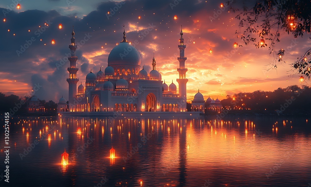 Fototapeta premium Majestic Mosque Illuminated at Dusk, Reflecting in Water with Glowing Lanterns and Vibrant Sunset Sky