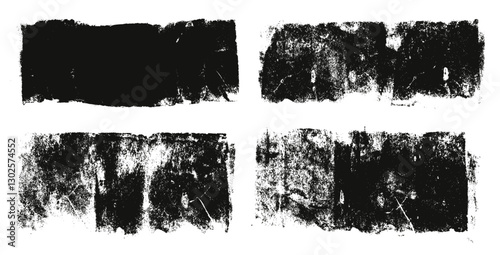 Linocut textures set. Ink roller background. Grunge vintage rectangles. Dry black brayer striped lines isolated on white background. Painted relief stains. Vector lino eroded abstract wide callout.