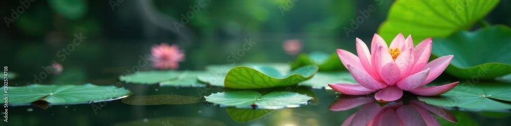 Peaceful pond with water lilies and lotus flowers, Asia, Lotus Flowers Peaceful pond with water lilies and lotus flowers, Asia, Lotus Flowers
