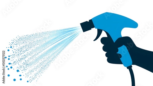 Hand Holding Blue Spray Nozzle with Water Stream on White Background