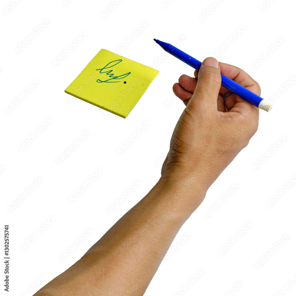 Hand Writing On A Yellow Sticky Note Using A Blue Pen Hand Writing On A Yellow Sticky Note Using A Blue Pen