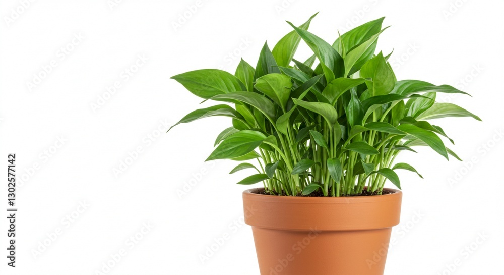 Obraz premium Lush Green Peace Lily Plant in Terracotta Pot Indoor Houseplant Home Decor