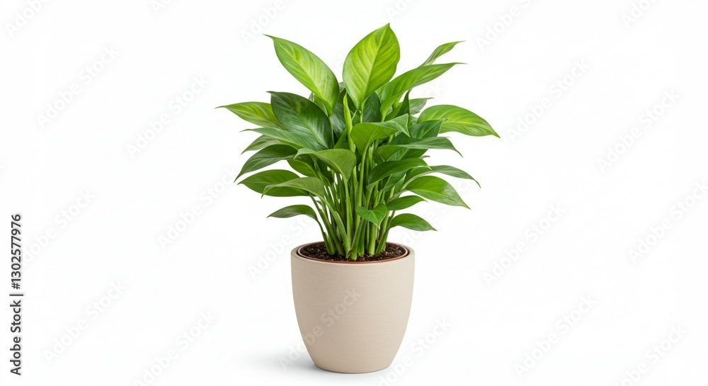 Fototapeta premium Lush Green Peace Lily Plant in Beige Pot Indoor Houseplant Home Decor