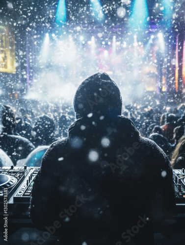 A DJ at a winter festival with snow falling