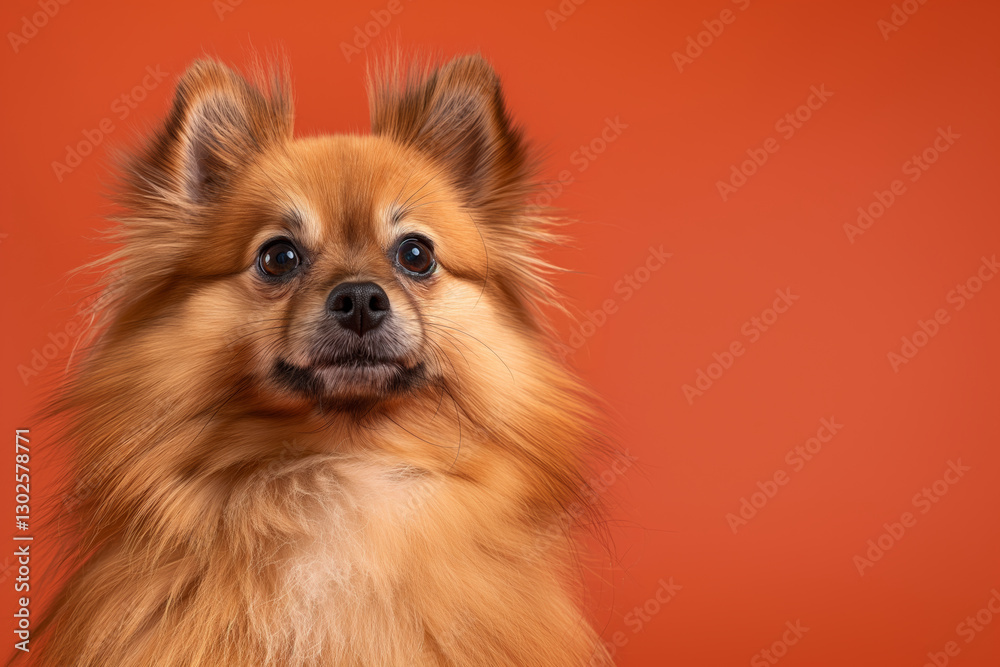 Obraz premium Pomeranian dog on minimalistic colorful background with Copy Space. Perfect for banners, veterinary ads, pet food promotions, and minimalist designs.