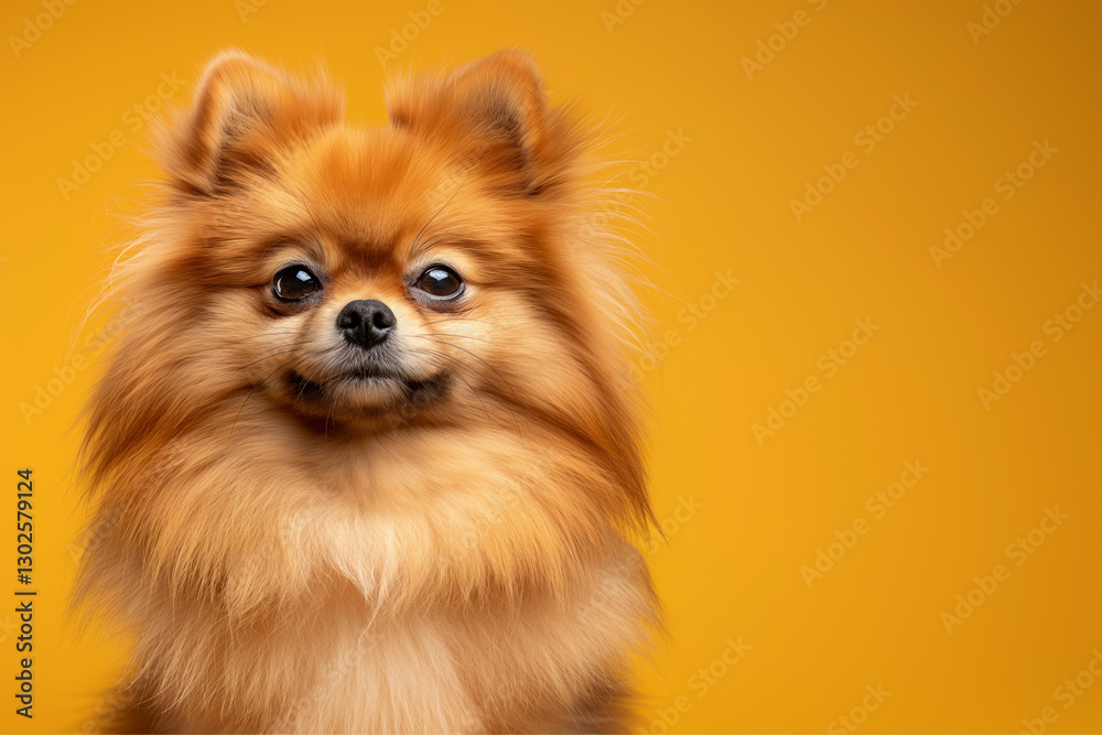 Obraz premium Pomeranian dog on minimalistic colorful background with Copy Space. Perfect for banners, veterinary ads, pet food promotions, and minimalist designs.