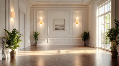 3D elegant hallway with white walls, subtle gray accents, and soft warm lighting photo