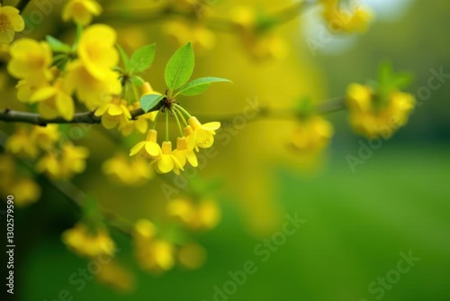 bush with small yellow flowers hanging from twigs, yellow, spring, green