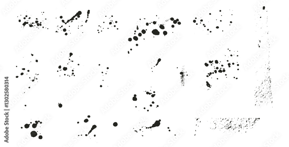 Paint spray splatters set. Grunge graffiti splashes and drips pack. Ink spots and blob shapes. Collage smudge ruined spill. Vector hand drawn collection illustration isolated on white background. Paint spray splatters set. Grunge graffiti splashes and drips pack. Ink spots and blob shapes. Collage smudge ruined spill. Vector hand drawn collection illustration isolated on white background.