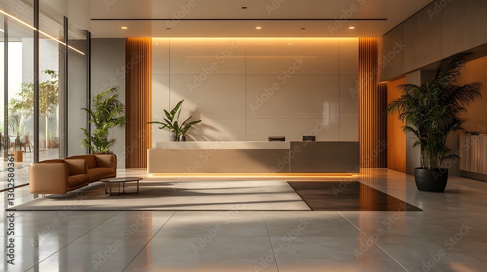 Fototapeta premium 3D high-end office reception with straight-edged furniture, glass partitions, and a refined look