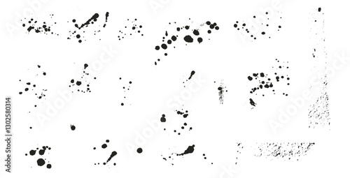 Paint spray splatters set. Grunge graffiti splashes and drips pack. Ink spots and blob shapes. Collage smudge ruined spill. Vector hand drawn collection illustration isolated on white background.