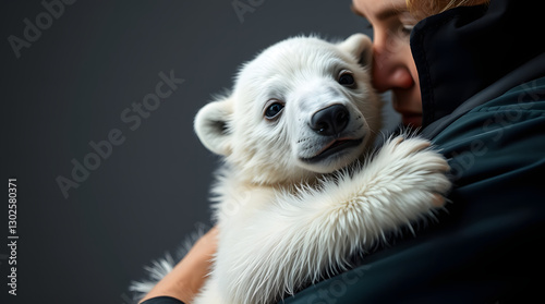 Image of a polar bear cub being lovingly embraced by a person against a dark background