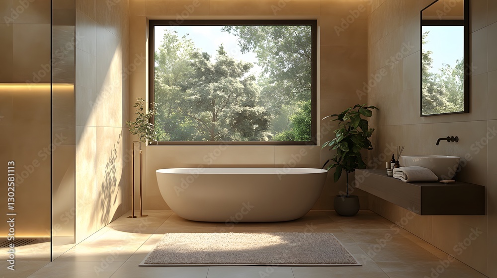 3D minimalist bathroom with smooth surfaces, neutral tiles, and only necessary accessories