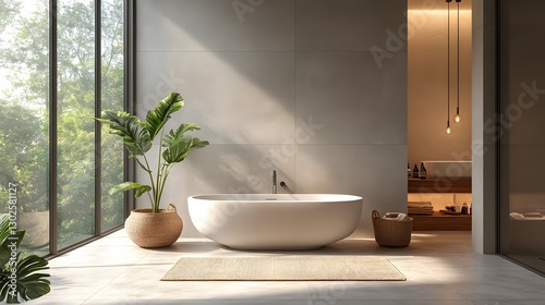 3D minimalist bathroom with smooth surfaces, neutral tiles, and only necessary accessories