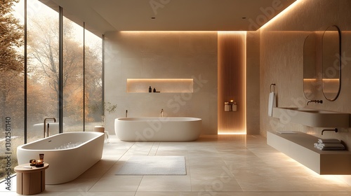 3D minimalist bathroom with smooth surfaces, neutral tiles, and only necessary accessories