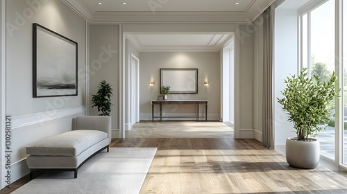 3D modern entryway with a streamlined console table, clean lines, and open space