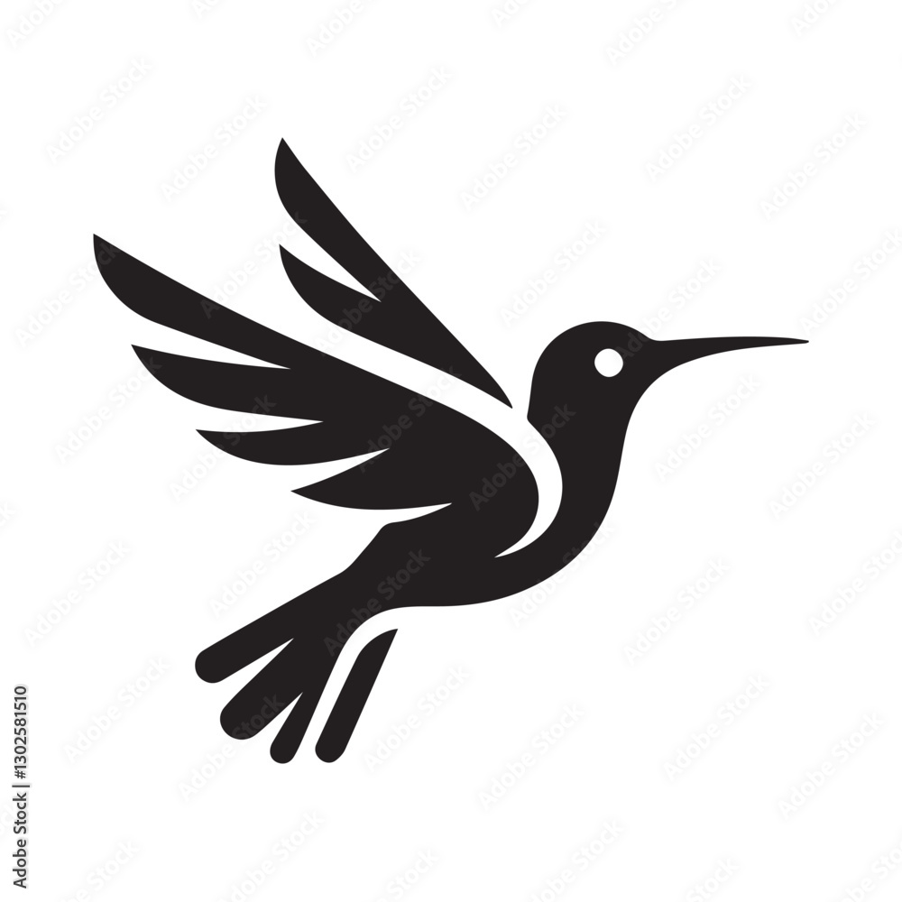 Obraz premium Abstract black and white bird illustration with a silhouette of a hummingbird, crow, and sparrow in flight, featuring wings, beak, and feathers in a simple, cute, and artistic design