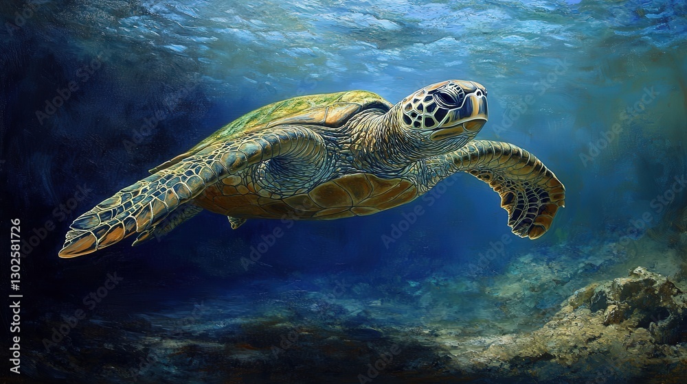Fototapeta premium A majestic sea turtle glides through the deep blue ocean, its intricately patterned shell shimmering with mesmerizing detail against vibrant waves. Its gentle gaze leads onward into the aquatic expans